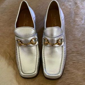 Gucci silver metallic leather chunky heel  loafer